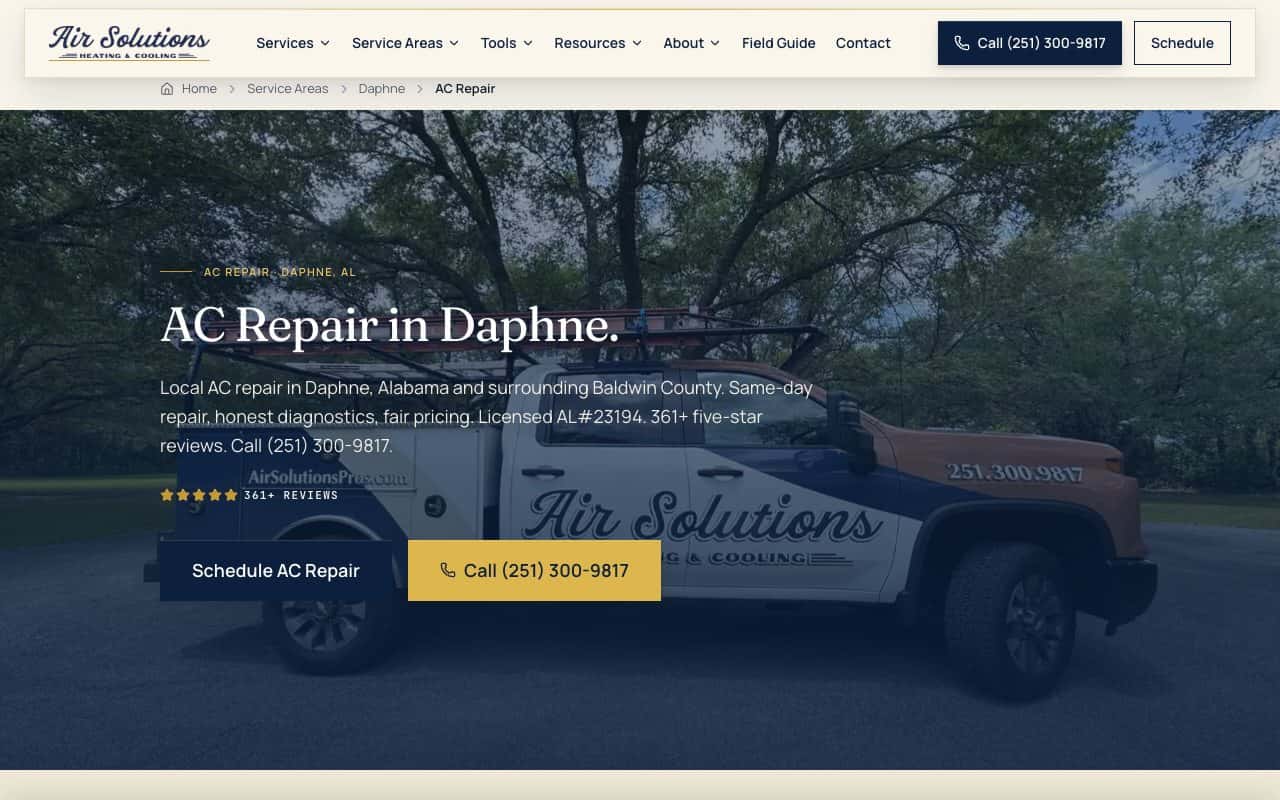 Air Solutions city-by-service AC repair page for Daphne, Alabama