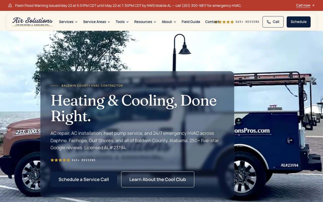 Air Solutions HVAC website displayed inside a browser frame