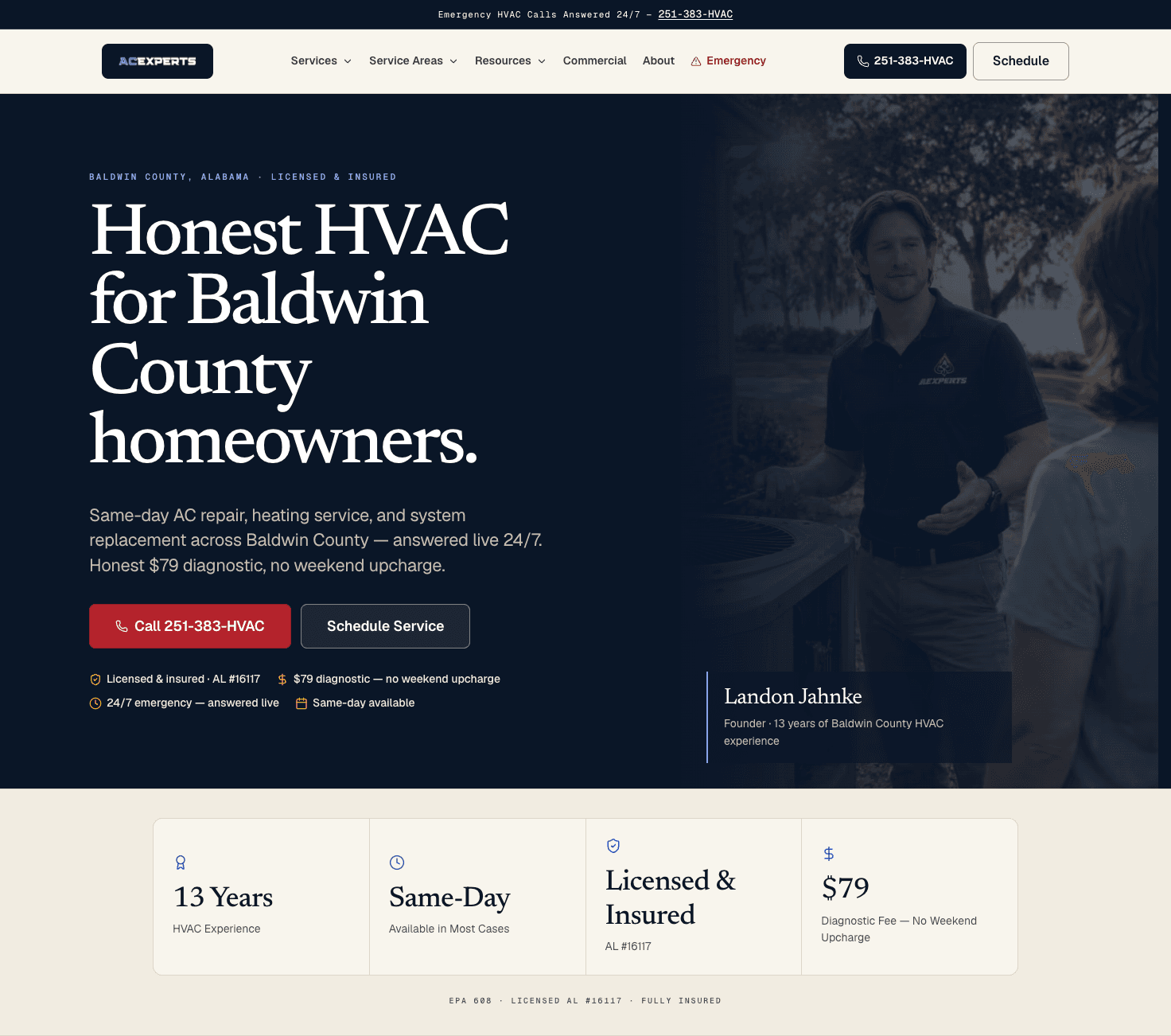 Homepage — hero, founder, and the licensing and pricing the site leads with