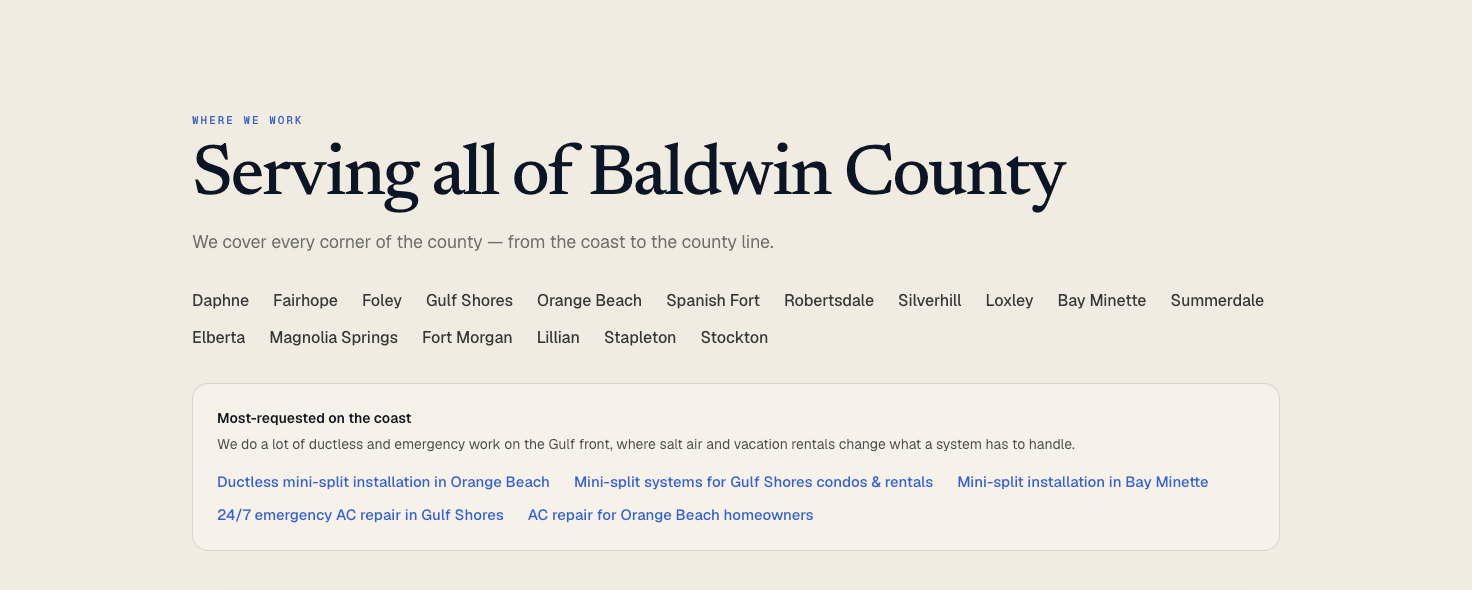 Service coverage — all 17 Baldwin County cities in the matrix