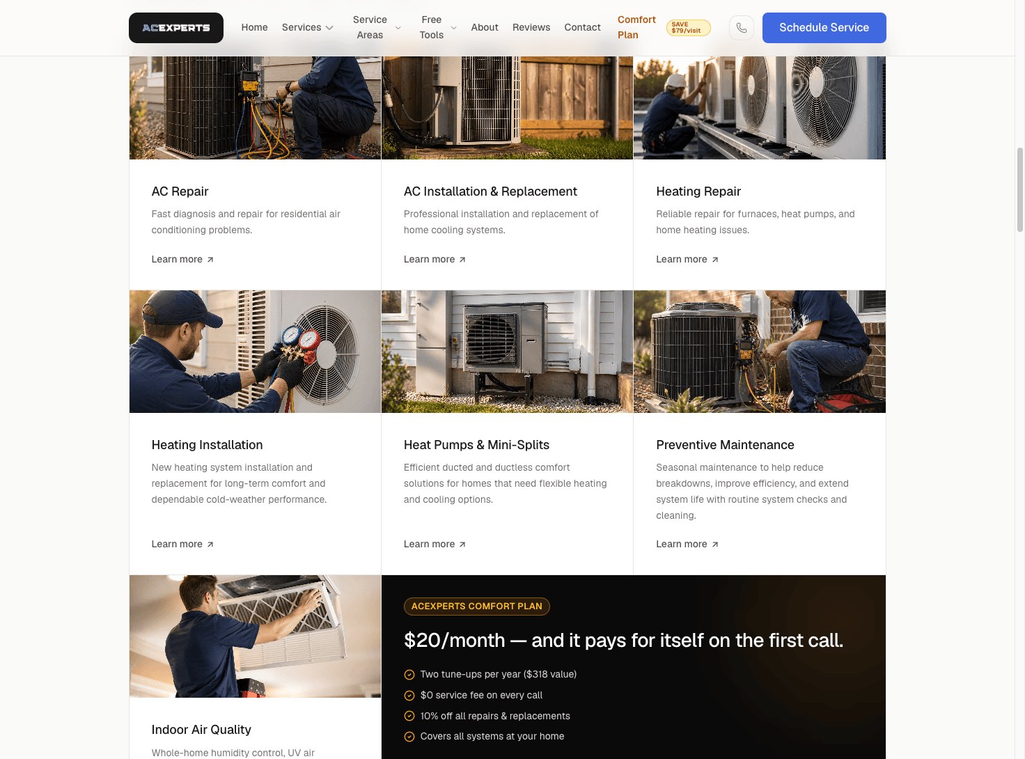 Service coverage — repair, install, heating, and more