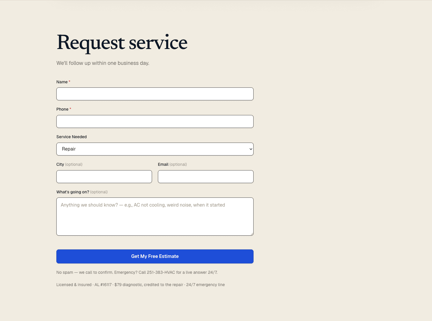 Request-service form — routes straight to the owner