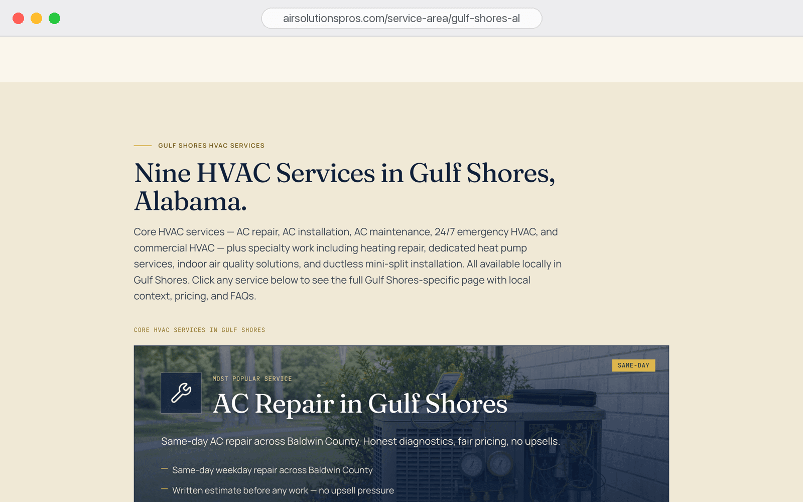 Per-city service coverage — Gulf Shores