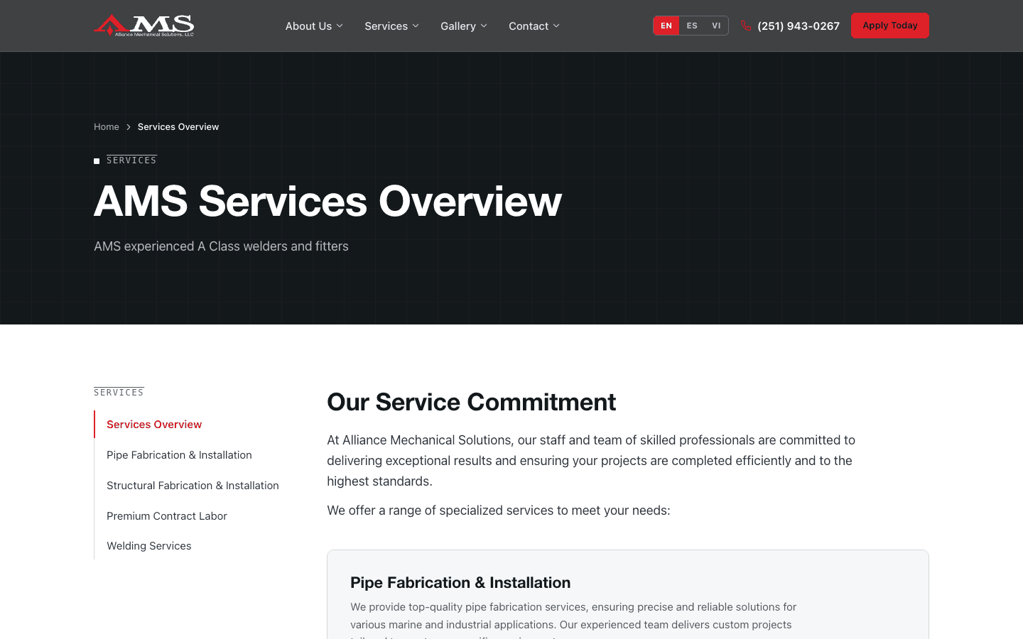 Services Overview — pipe, structural, contract labor, and welding