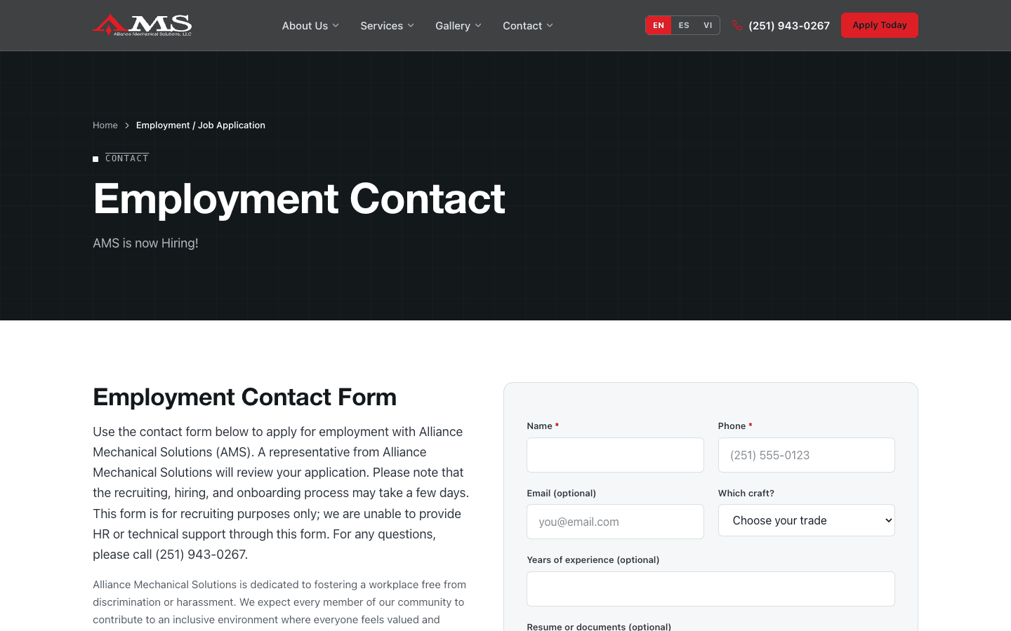 Employment — direct-apply pipeline with trade selector and résumé upload
