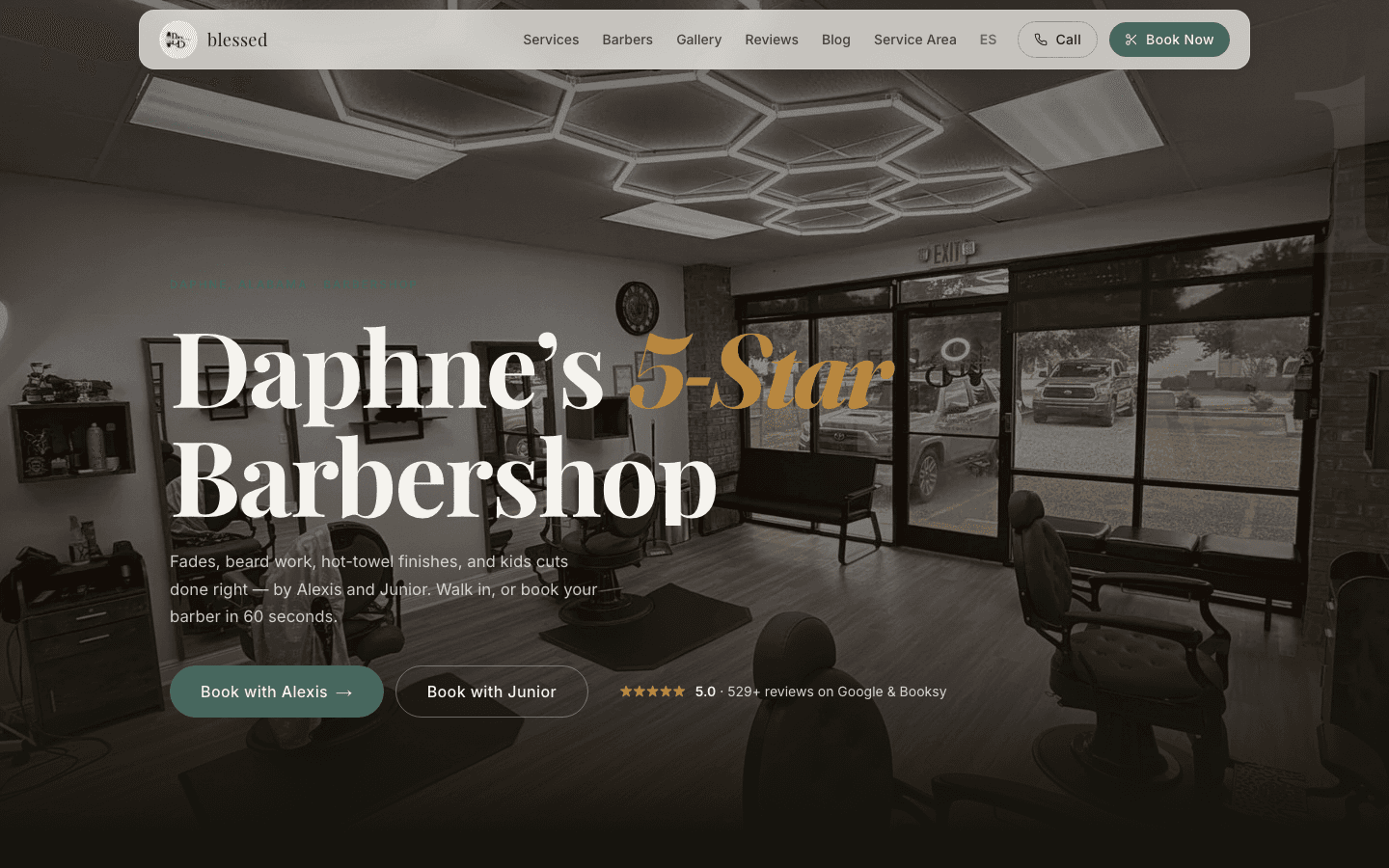 Blessed Barbershop — Bilingual homepage — hero and one-tap Booksy booking