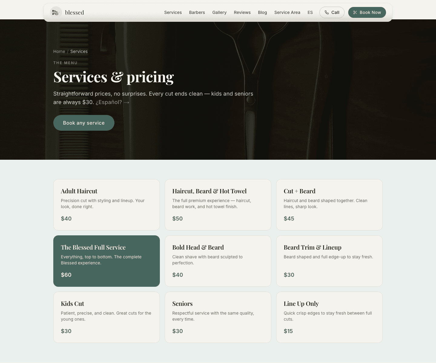 Service menu with transparent pricing