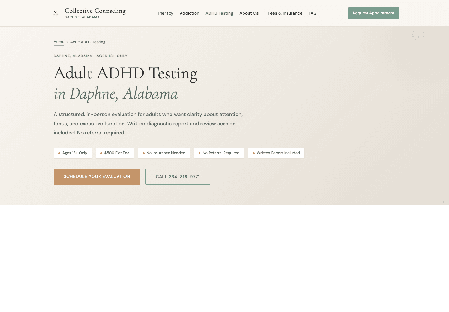 Adult ADHD testing — dedicated cash-pay page