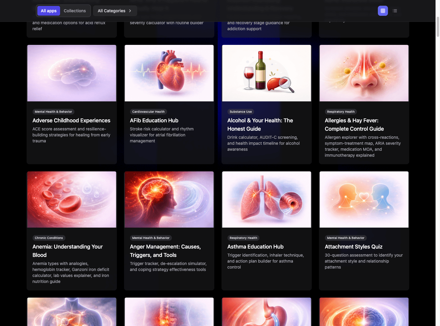 App grid view — categorized library