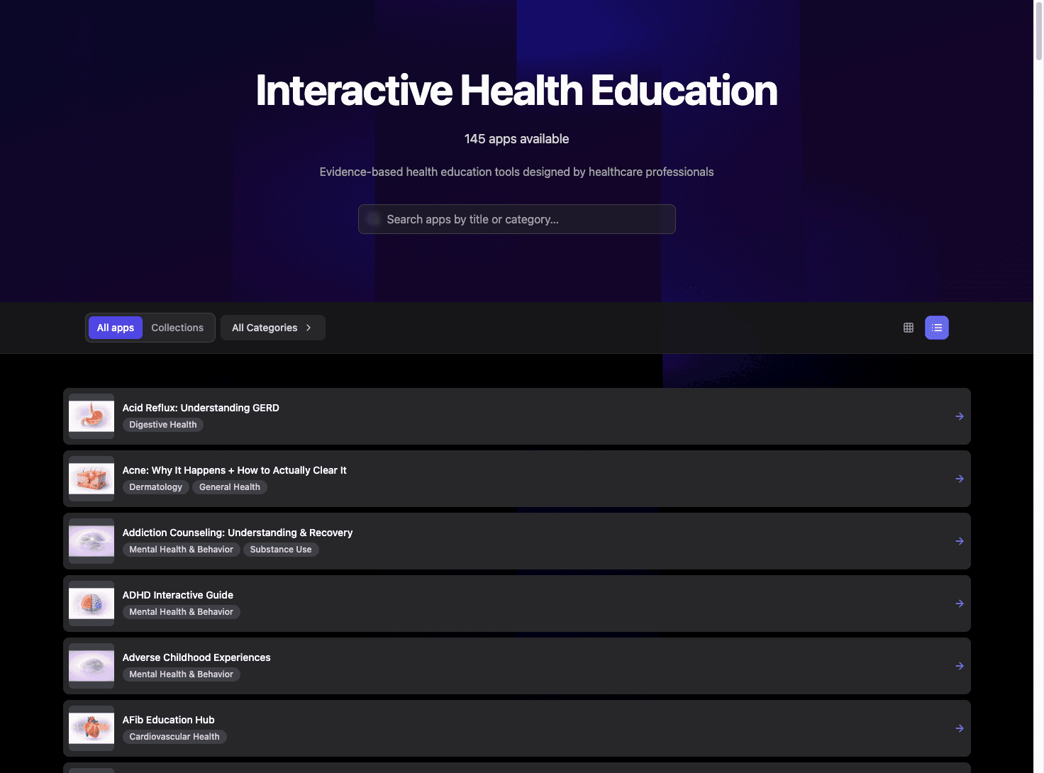 List view — searchable index