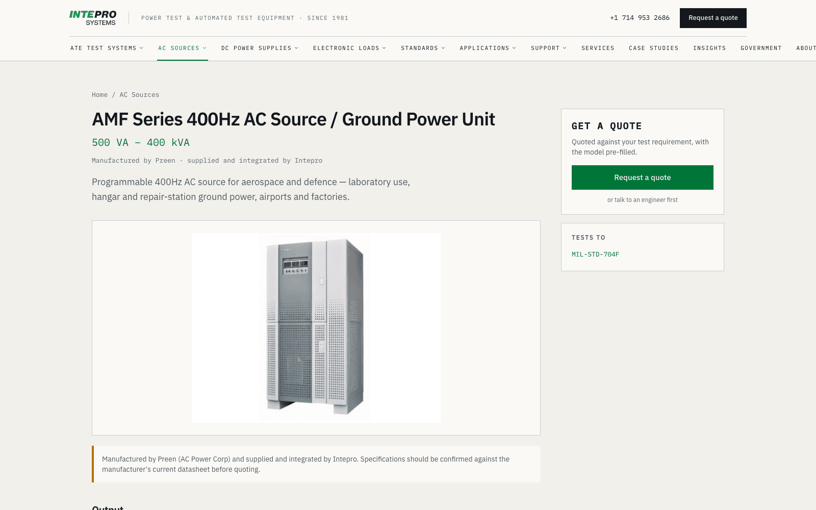 AMF 400 Hz aircraft AC source — product page