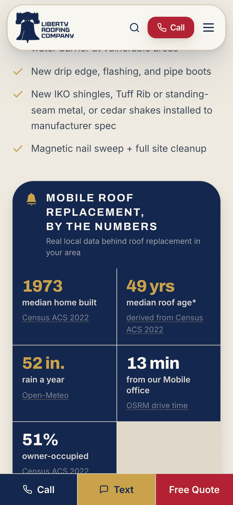 On mobile — sourced city data above the sticky call, text, and quote bar