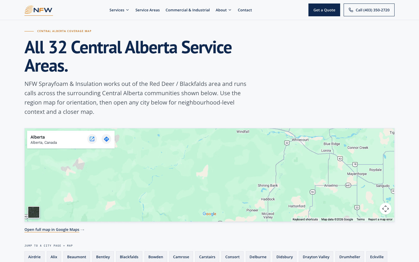 Service areas — all 32 Central Alberta communities