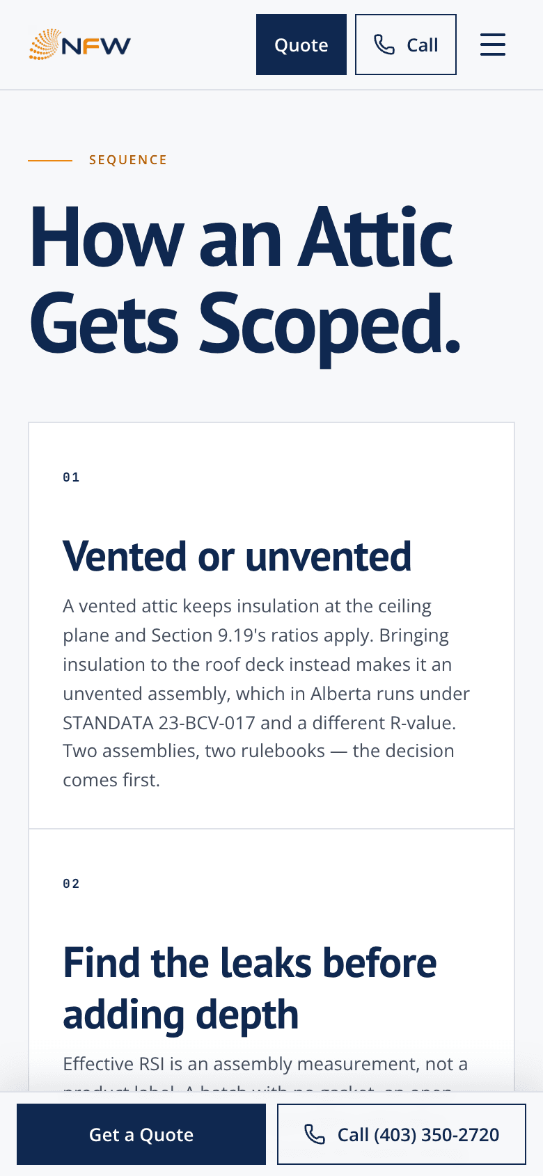 On mobile — how an attic gets scoped, above the sticky call bar