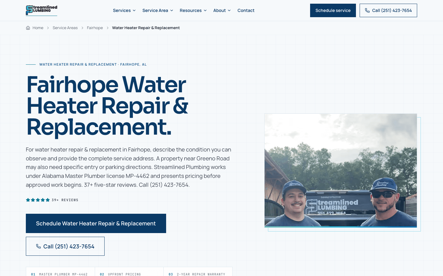 City × service matrix — Fairhope water heaters