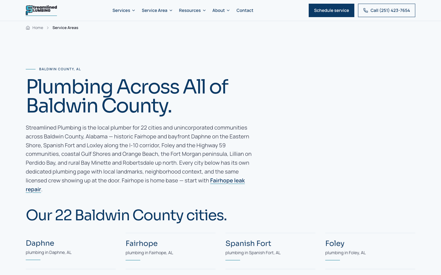 Service Areas — all 22 Baldwin County cities