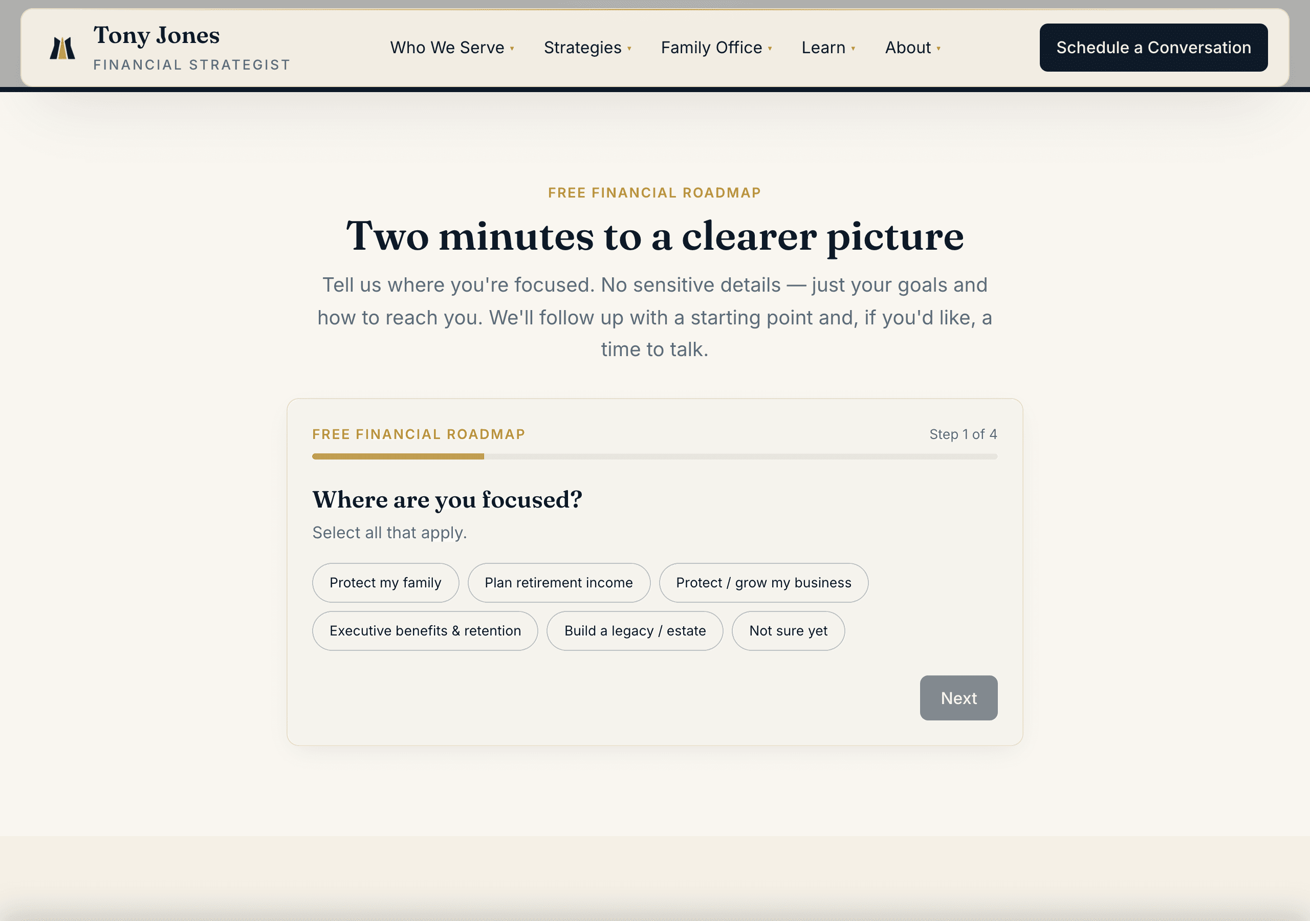 Free Financial Roadmap — the multi-step lead capture