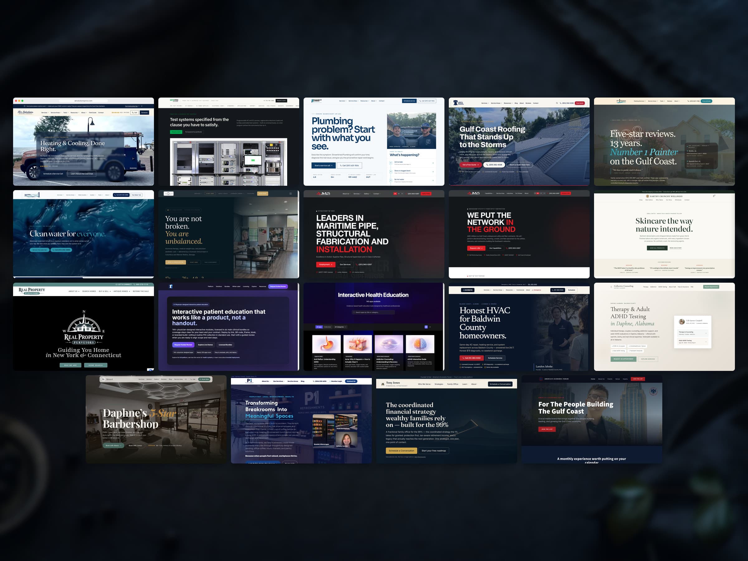 Composite plate of nineteen live Campbell Digital Studio client homepages shown as small browser windows.